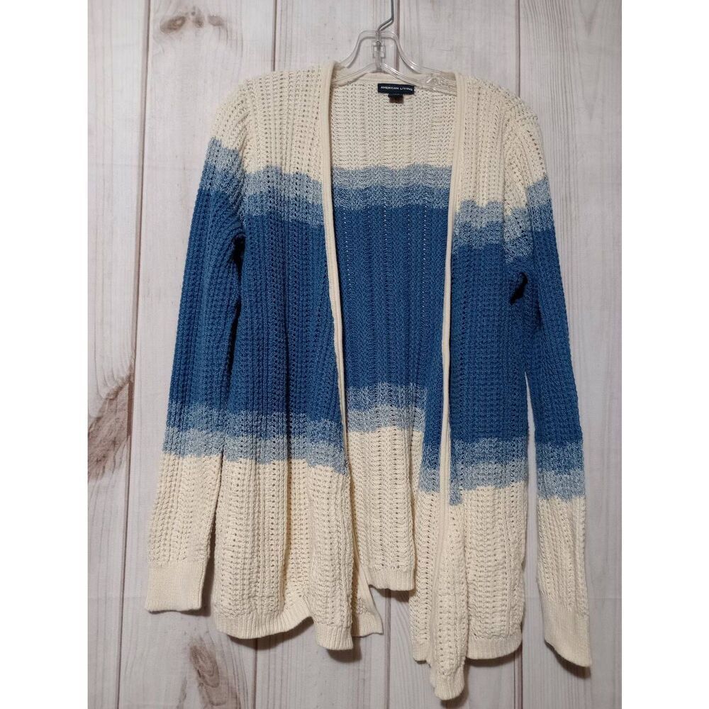 American Living Sweater Ladies Large Ivory Blue Open Cardigan